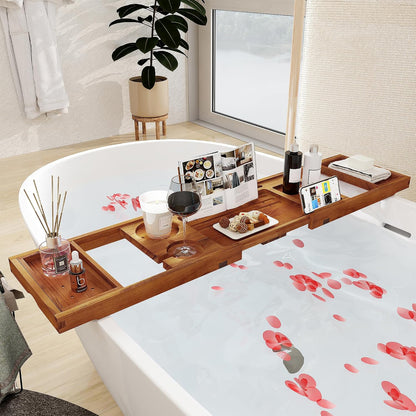 Teak Bathtub Tray - Luxury Bath Tray with Expandable Handles, Wine Glass and Phone Holders, Book Stand - Perfect for Home Spa Relaxation and Reading - Natural Bath Accessories - Light Walnut Color