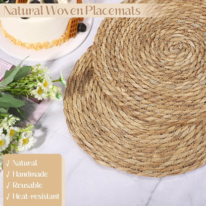 Aneco 100 Pack 12-Inch Round Woven Placemats Natural Hand-Woven Boho Rattan Wicker Bulrush Placemat Farmhouse Rustic Braided Table Mats for Dining & Kitchen Decor