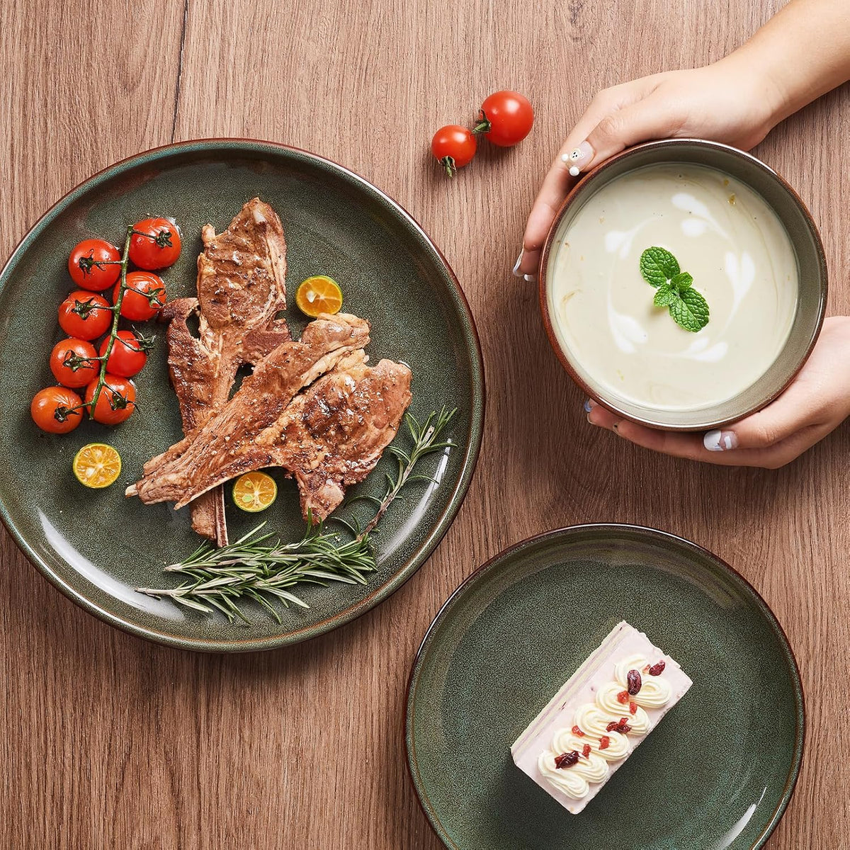 Pokini 32-Piece Stoneware Dinnerware Set for 8, Reactive Glaze Plates & Bowls, Microwave & Dishwasher Safe, Brown Green