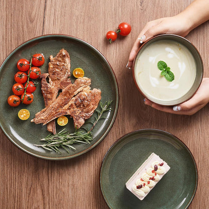 Pokini 32-Piece Stoneware Dinnerware Set for 8, Reactive Glaze Plates & Bowls, Microwave & Dishwasher Safe, Brown Green