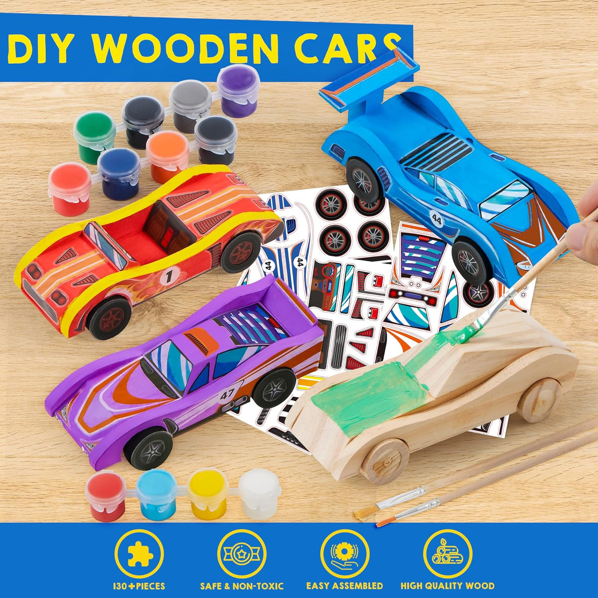Klever Kits 4 DIY Wooden Race Cars Craft Kit, Build & Paint Your Own Wooden Race Cars, 44-Piece Arts & Crafts Set with Paints, Brushes, Stickers & Glue, Kids Ages 8+, Multicolor