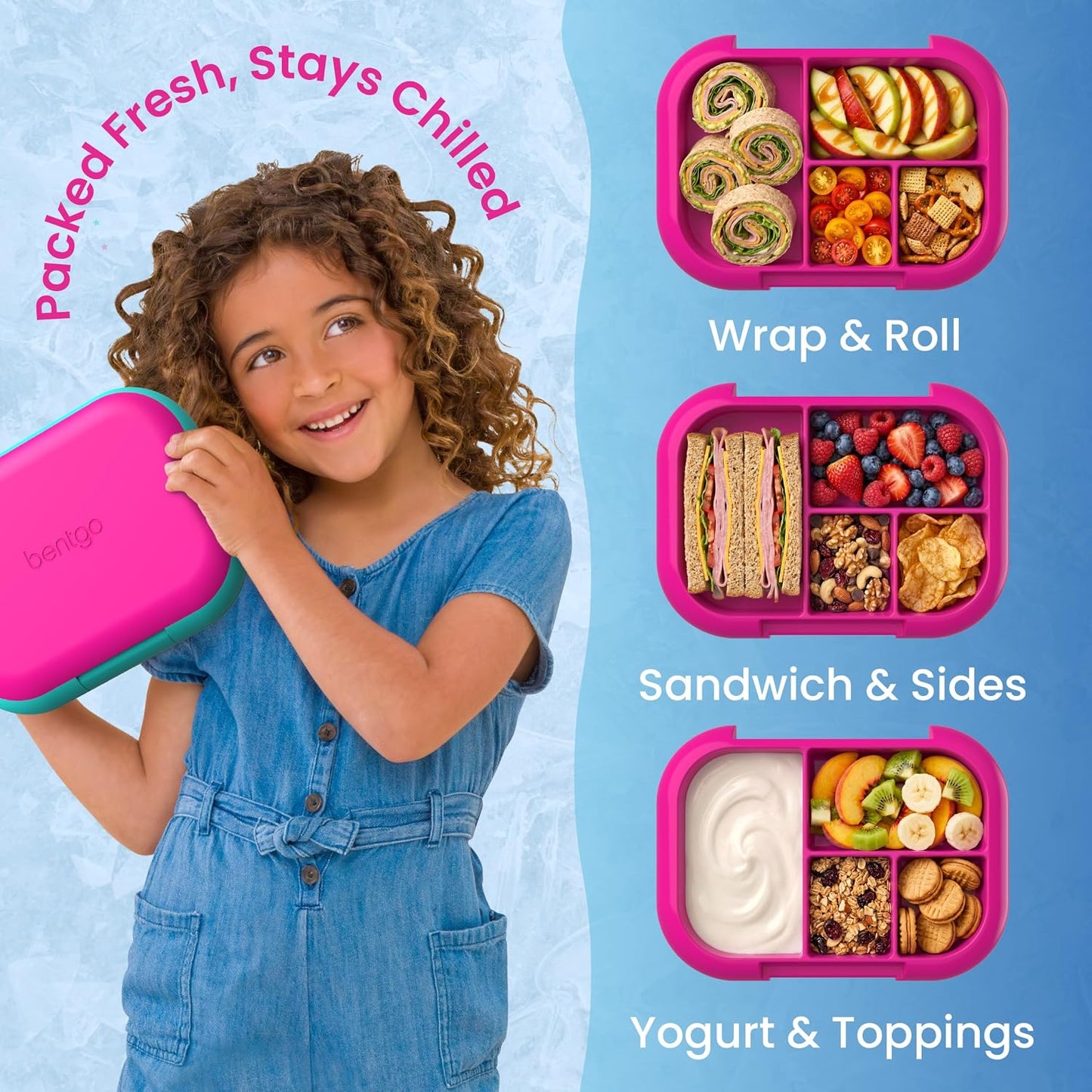 Kids 4-Compartment Bento Box with Built-In Ice Pack, Leakproof Lunch Box for School, Daycare & Travel