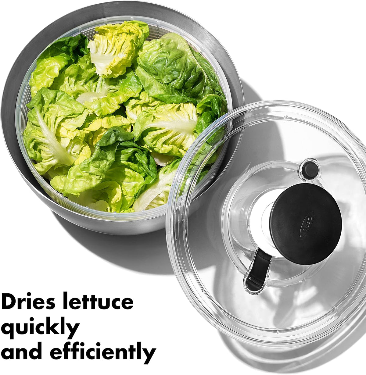 OXO Good Grips Stainless Steel Salad Spinner, Vegetable Washer - 6.22 Qt Spin Dry Produce, Serving and Storage, Non-Slip, One-Handed Pump, Brake Button, Dishwasher Safe, Large-Capacity Bowl