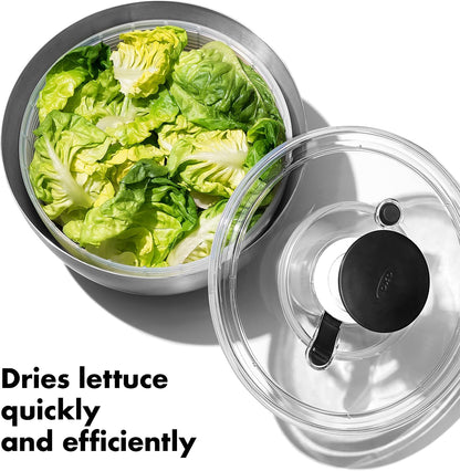 OXO Good Grips Stainless Steel Salad Spinner, Vegetable Washer - 6.22 Qt Spin Dry Produce, Serving and Storage, Non-Slip, One-Handed Pump, Brake Button, Dishwasher Safe, Large-Capacity Bowl