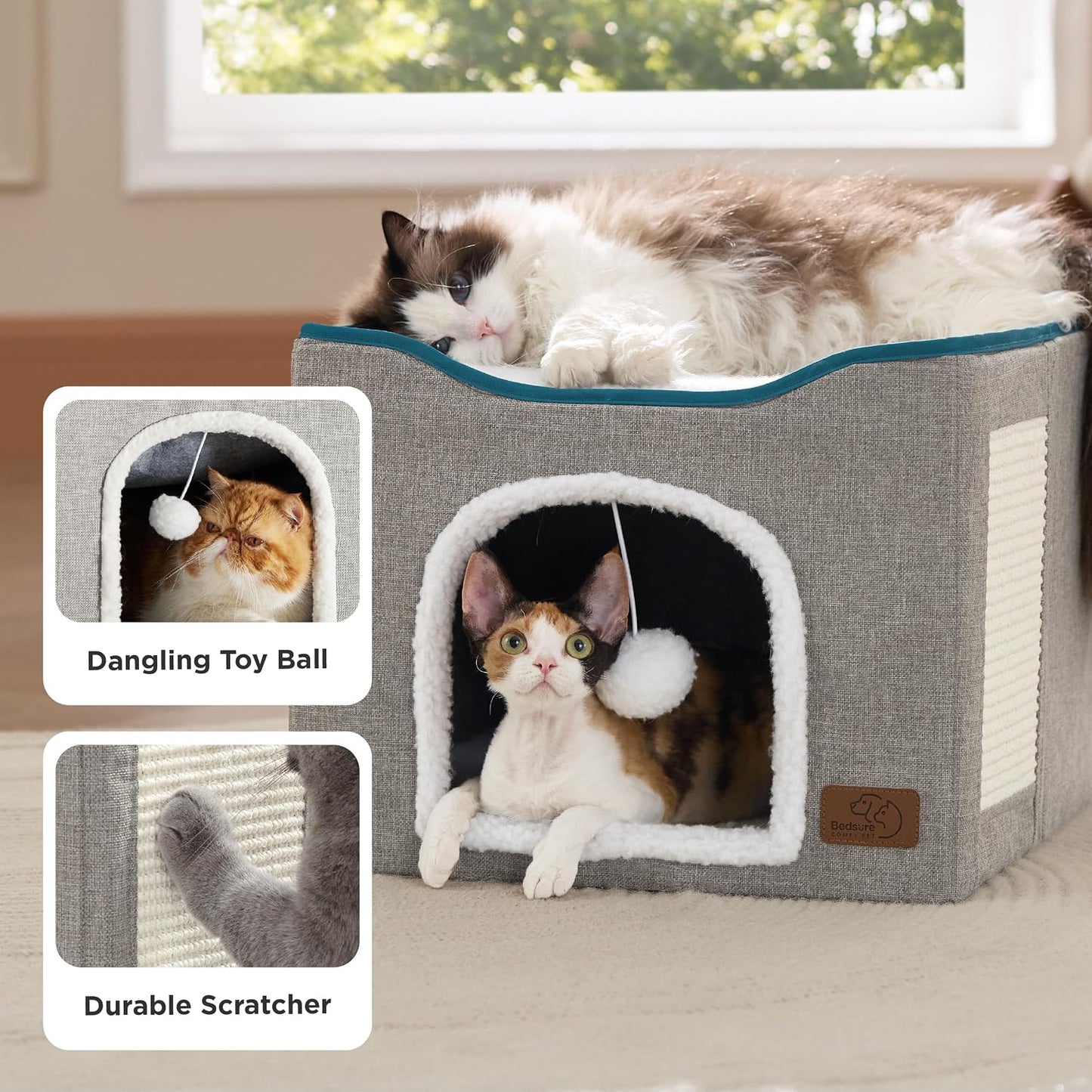 Bedsure Cat House Bed for Indoor Cats, Enclosed Two-Level Cat Cave with Fluffy Hanging Ball and Sisal Scratch Pad, Washable Grey