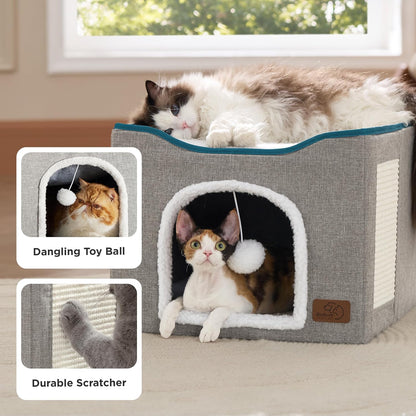 Bedsure Cat House Bed for Indoor Cats, Enclosed Two-Level Cat Cave with Fluffy Hanging Ball and Sisal Scratch Pad, Washable Grey