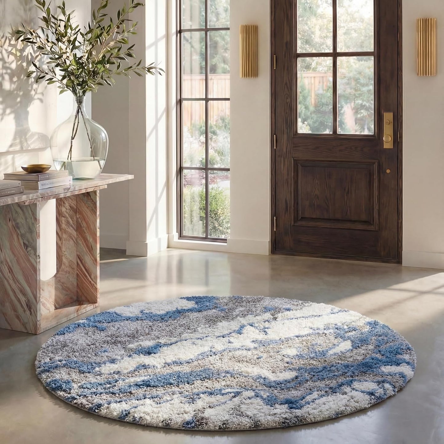 SAFAVIEH Horizon Shag Collection Area Rug - 9' Round, Grey/Blue, Geometric Design, Ideal for High Traffic Areas in Living Room, Bedroom, Dining (HZN890G)
