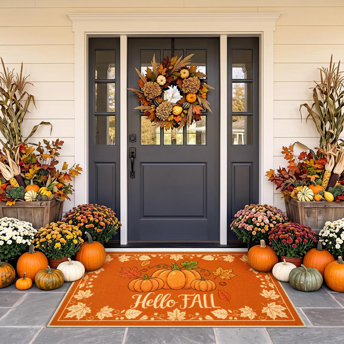 Acapet Fall Front Door Mat 3' x 5', Hello Pumpkin Welcome Mat, Seasonal Farmhouse Porch Rug with Non-Slip Backing, Washable Low-Pile Indoor Outdoor Entryway Mat
