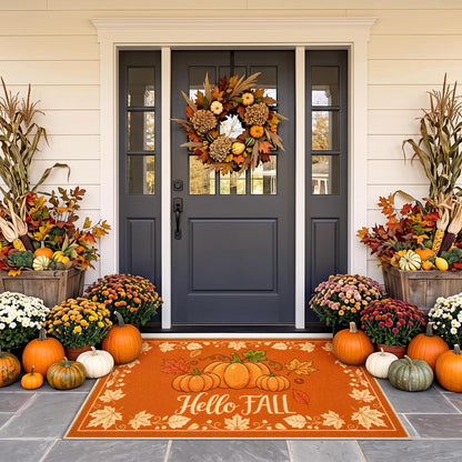 Acapet Fall Front Door Mat 3' x 5', Hello Pumpkin Welcome Mat, Seasonal Farmhouse Porch Rug with Non-Slip Backing, Washable Low-Pile Indoor Outdoor Entryway Mat