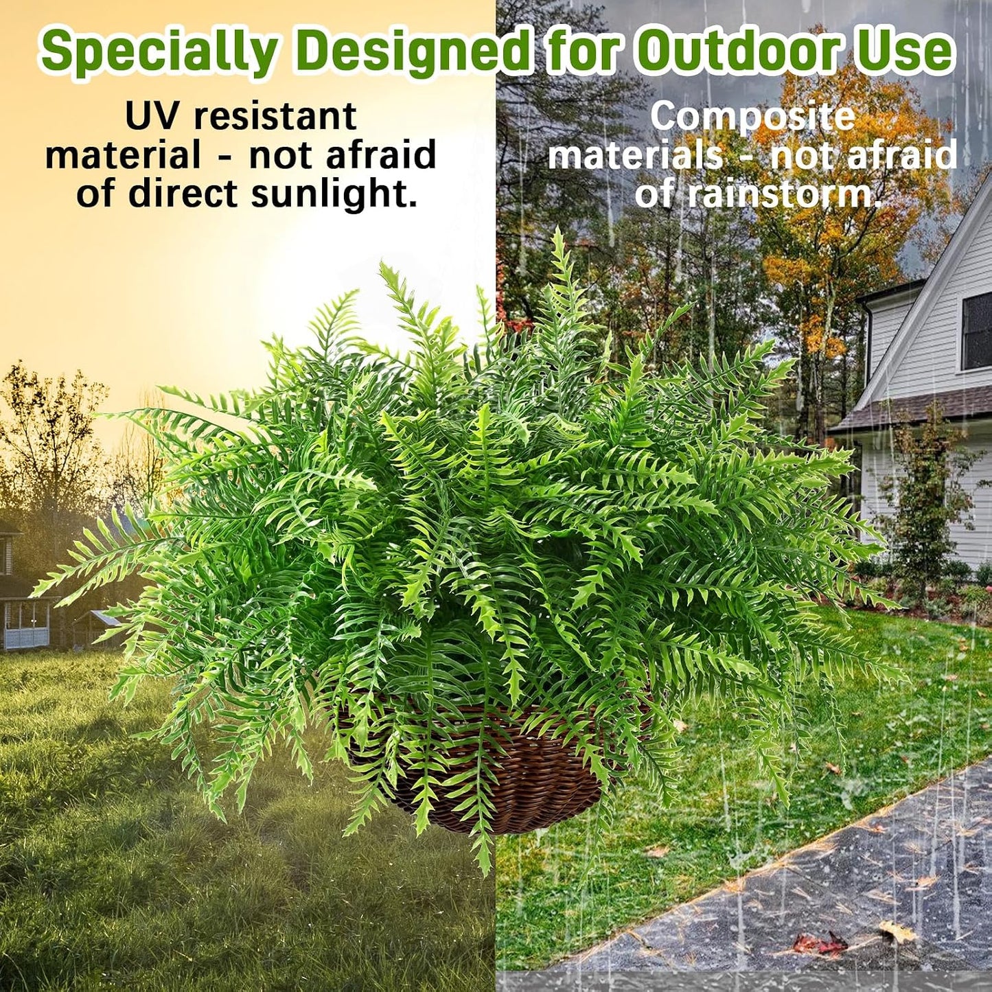 Waipfaru 2 Pack Fake Hanging Fern Plants Outdoor - Green UV Resistant Artificial Outdoor Hanging Plants, Realistic Faux Greenery Fern for Patio Front Porch Garden Home Decor
