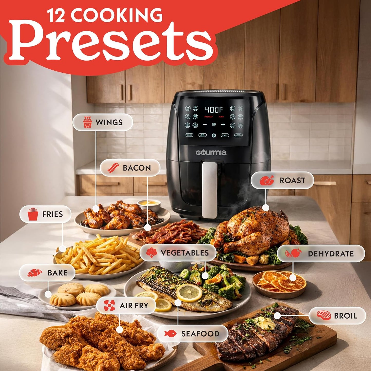 Gourmia Air Fryer - 4 Qt Basket Capacity, 12 Cooking Presets, Black Digital Display, Touch Controls, 90–400°F Adjustable Temperature, Dishwasher-Safe Basket & Crisper Tray
