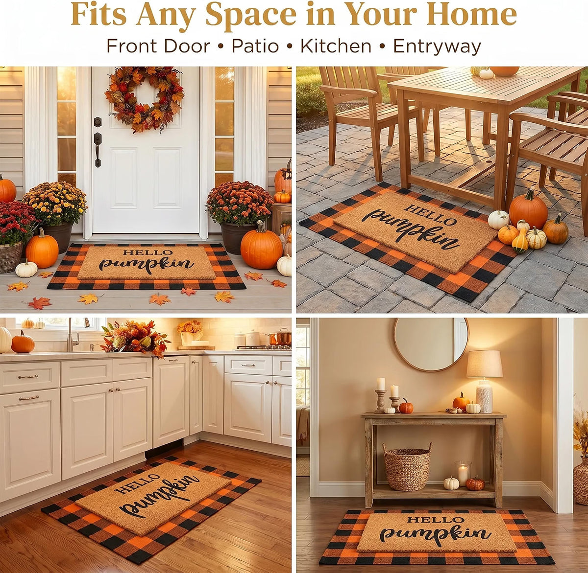 Homydecor Fall Decor Doormat Combo Set, 100% Coco Coir Welcome Mat with 3 x 5 Ft Orange & Black Plaid Rug, Autumn Thanksgiving Front Porch Entryway Decor, Hello Pumpkin