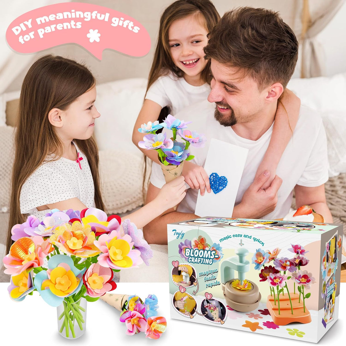 Toyly DIY Fabric Flower Bouquet Craft Kit, 152-Piece Flower Market Set for Kids Ages 4+, Educational Arts & Crafts Toy with Flower Maker, Vases & Bouquet Accessories, Yellow-Green
