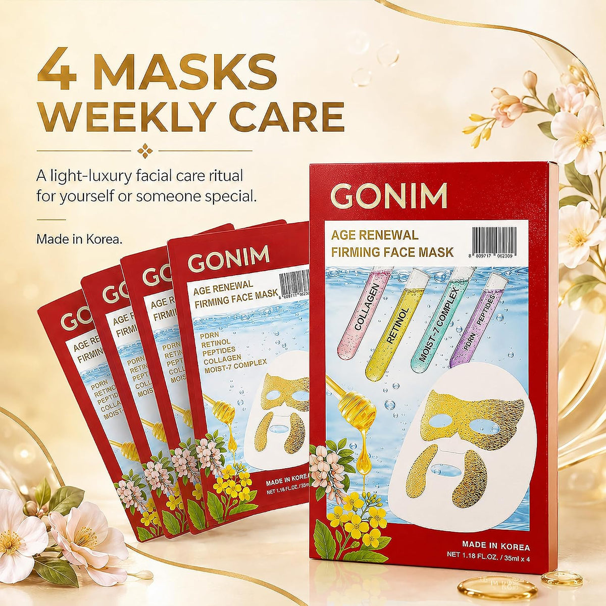 GONIM Korean Collagen Face Mask with PDRN, Anti Aging Firming Facial Mask Korean face mask with retinol and hyaluronic acid, hydrating collagen sheet mask with gold eye and smile line overlay, 35mlx8