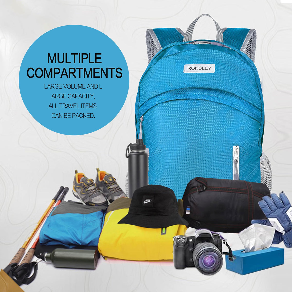 HyperionFlo Essentials Waterproof Foldable Hiking Backpack, Lightweight 30L Daypack for Hiking, Travel & Beach, Blue