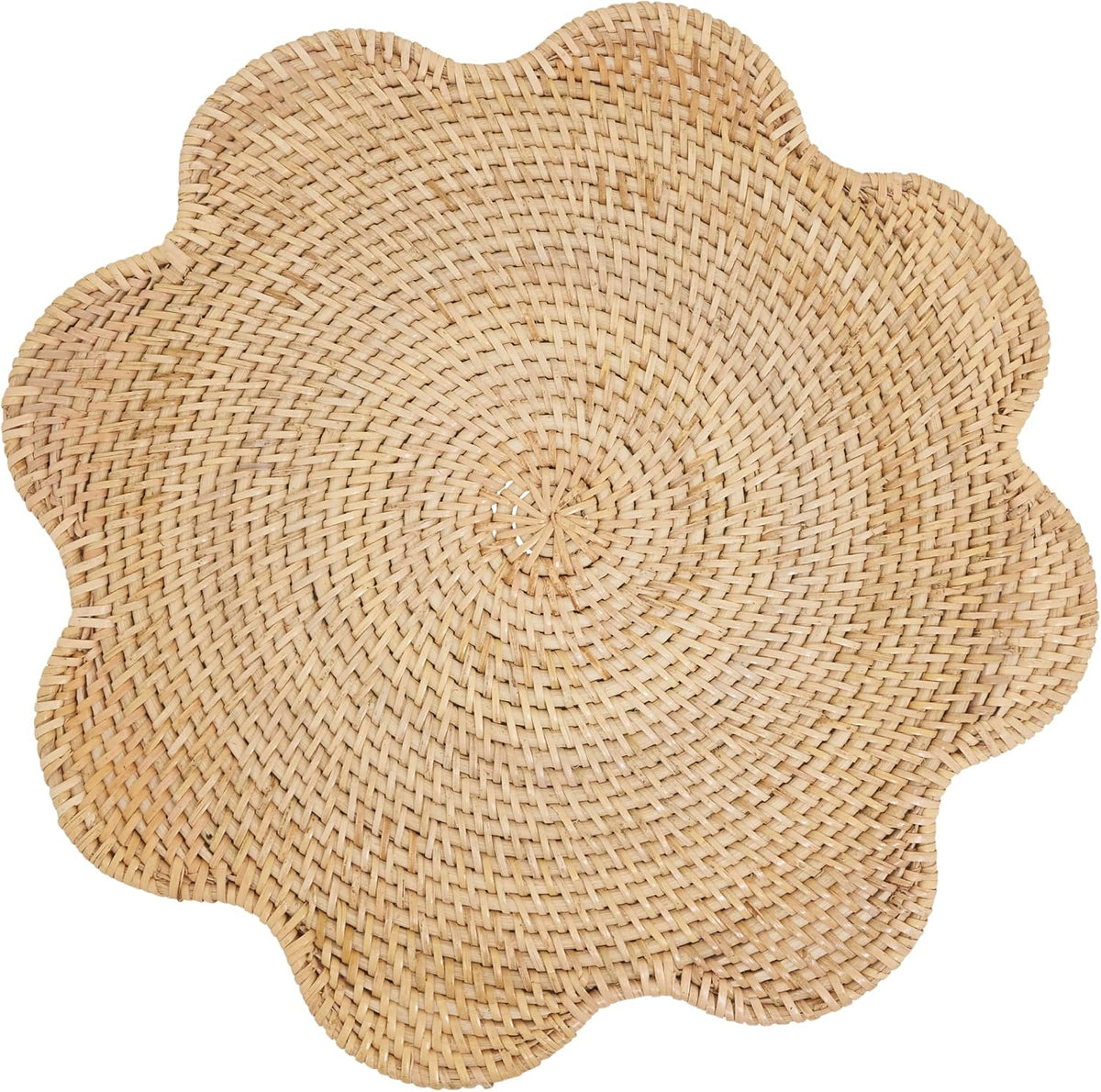 SARO LIFESTYLE Scalloped Rattan Round Placemats (Set of 4) – Handwoven Natural Fiber Design for Dining, Entertaining & Everyday Table Settings, 15"