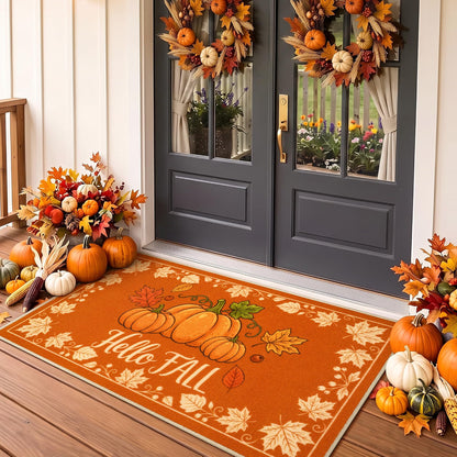 Acapet Fall Front Door Mat 3' x 5', Hello Pumpkin Welcome Mat, Seasonal Farmhouse Porch Rug with Non-Slip Backing, Washable Low-Pile Indoor Outdoor Entryway Mat