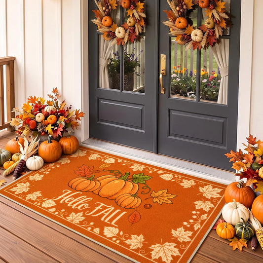 Acapet Fall Front Door Mat 3' x 5', Hello Pumpkin Welcome Mat, Seasonal Farmhouse Porch Rug with Non-Slip Backing, Washable Low-Pile Indoor Outdoor Entryway Mat