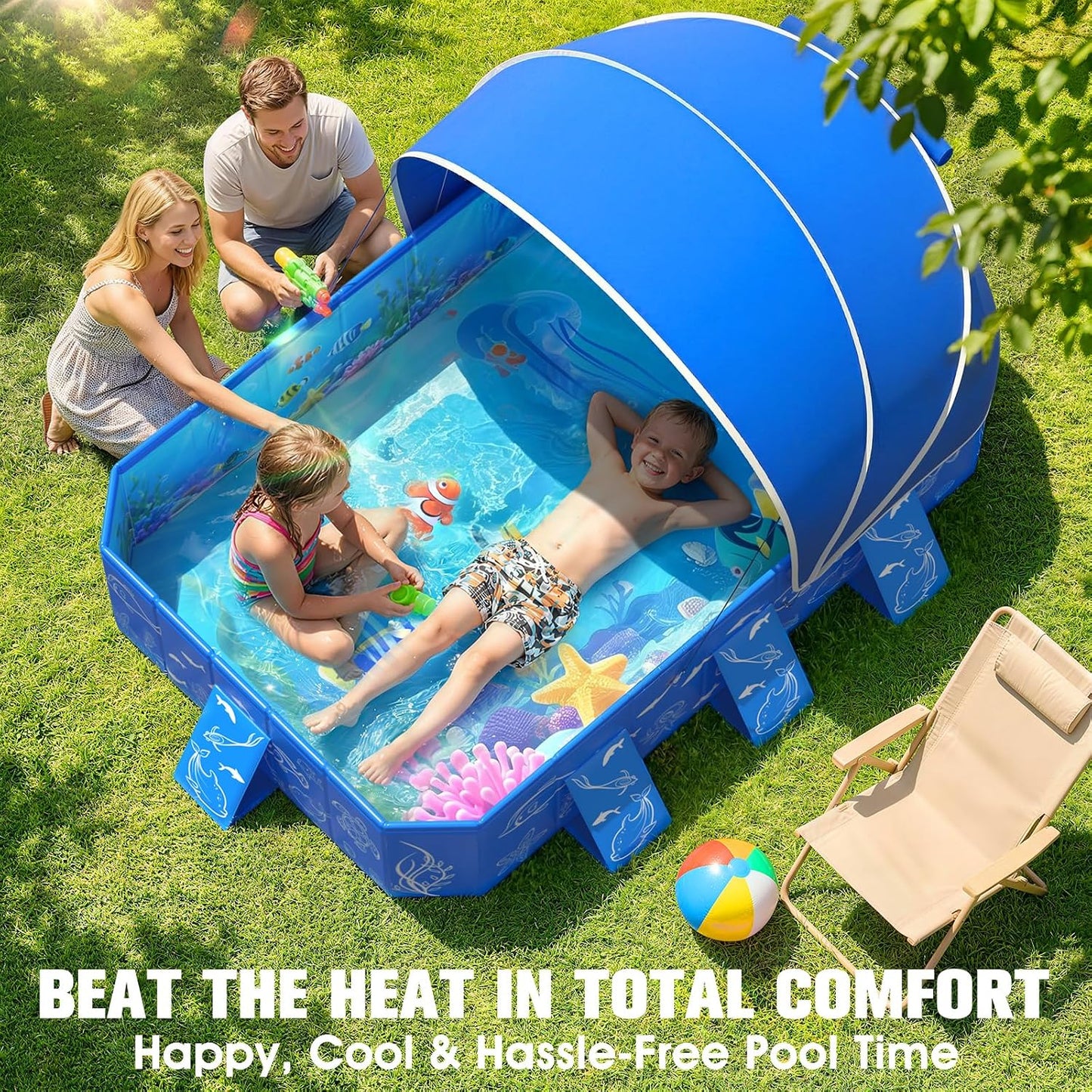 Foldable Kiddie Pool with Canopy 53" x 40" x 33", Portable Toddler Swimming Pool with Removable UPF 50+ Sunshade, Rectangular Kids Pool with Marine Design, Backyard Outdoor Water Play Pool, Blue