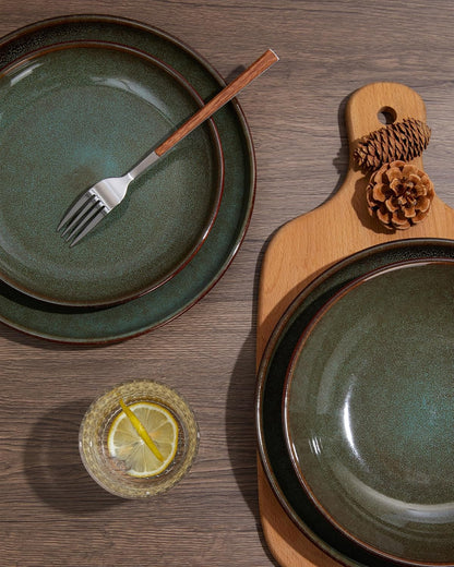 Pokini 32-Piece Stoneware Dinnerware Set for 8, Reactive Glaze Plates & Bowls, Microwave & Dishwasher Safe, Brown Green
