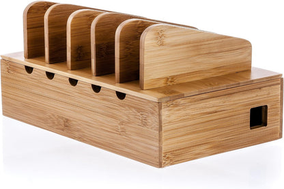 Prosumer's Choice Wooden Charging Station Organizer - 5-Port Base for Phones, Tablets and Laptops - Multi-Device Docking Station with Removable Divider Slots - Cord Box with Cable Management - Bamboo