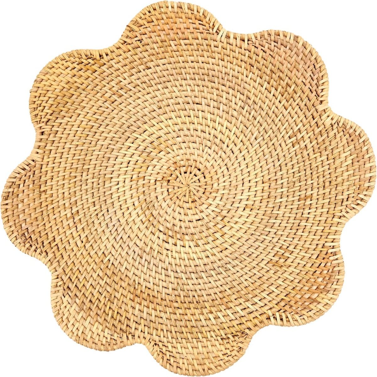 SARO LIFESTYLE Scalloped Rattan Round Placemats (Set of 4) – Handwoven Natural Fiber Design for Dining, Entertaining & Everyday Table Settings, 15"