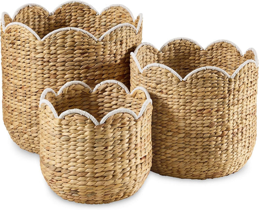 Best Choice Products 3pc Water Hyacinth Scalloped Multipurpose Nesting Baskets, Storage Bin Organization Totes for Living Room, Bedroom, Nursery, Laundry Room - Natural w/White Trim
