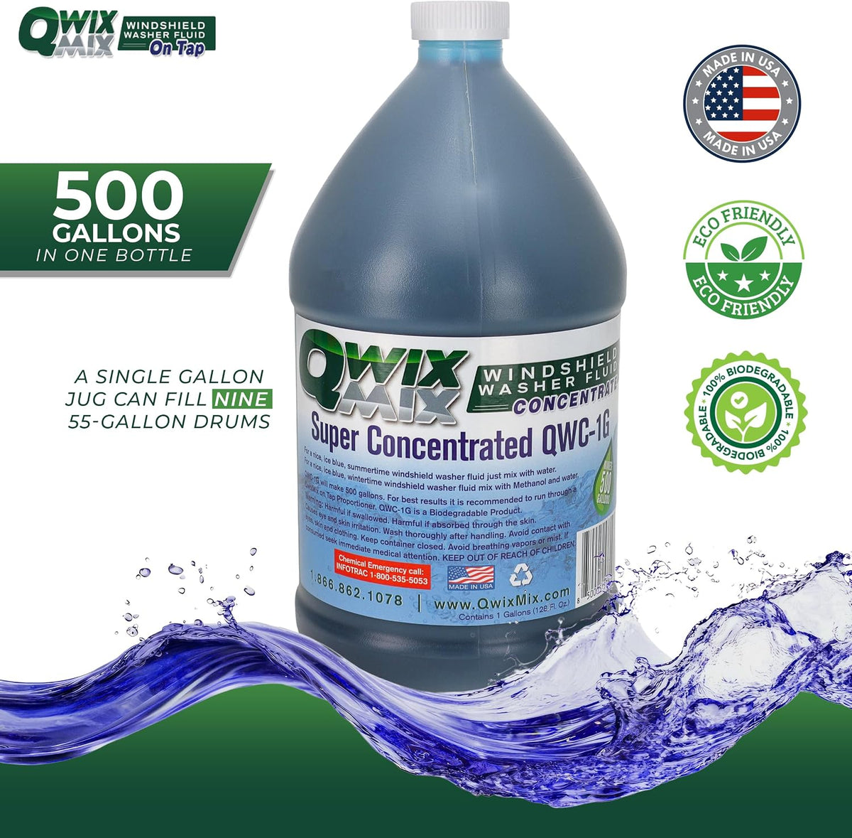 Qwix Mix 1-Gallon Windshield Washer Fluid Concentrate, Makes 500 Gallons, Biodegradable Bug & Grime Remover, Commercial-Grade Streak-Free Glass Cleaner for Cars, Trucks & Fleets