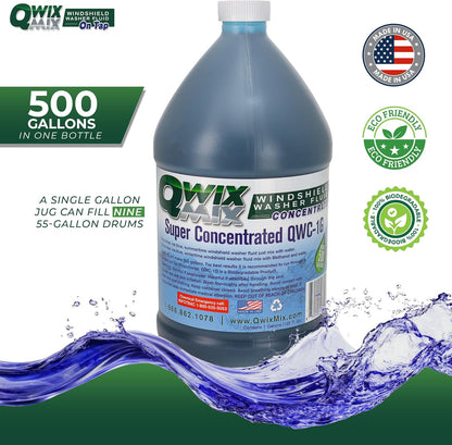Qwix Mix 1-Gallon Windshield Washer Fluid Concentrate, Makes 500 Gallons, Biodegradable Bug & Grime Remover, Commercial-Grade Streak-Free Glass Cleaner for Cars, Trucks & Fleets
