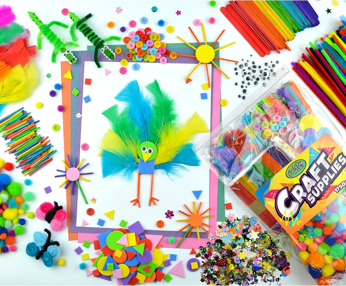 Carl & Kay Arts & Crafts Supplies Kit for Kids & Toddlers, 1,750-Piece Craft Materials Set with Pipe Cleaners, Popsicle Sticks, Googly Eyes, Pom Poms, Feathers, Buttons & Sequins