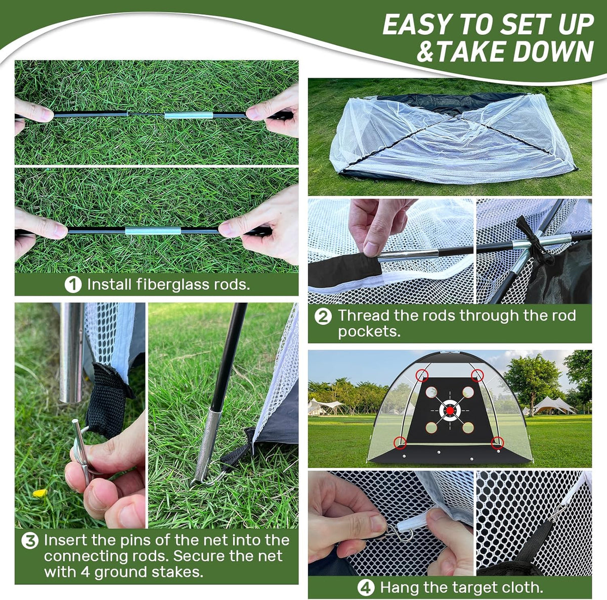 KLAODOT Golf Net with Practice Mat, 10 x 7 FT Golf Hitting Net with Multi-Target Pockets, 3-in-1 Turf Mat, 5 Balls, Rubber Tee, Stakes & Carrying Bag
