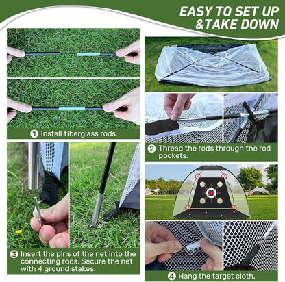 KLAODOT Golf Net with Practice Mat, 10 x 7 FT Golf Hitting Net with Multi-Target Pockets, 3-in-1 Turf Mat, 5 Balls, Rubber Tee, Stakes & Carrying Bag
