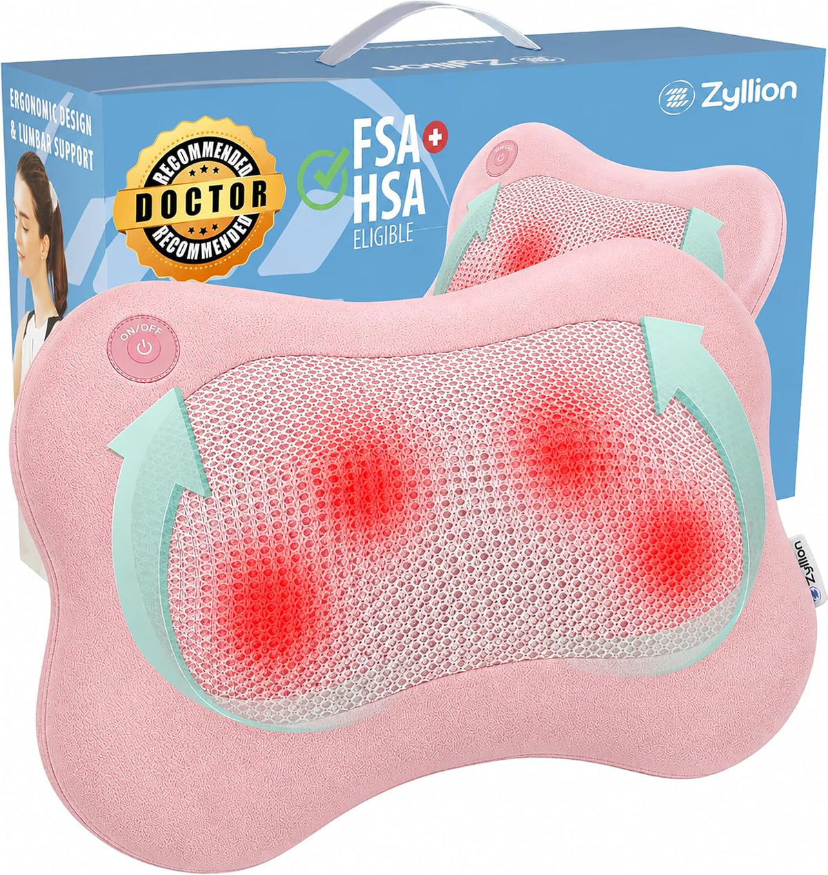 Zyllion ZMA-13 Shiatsu Back and Neck Massager with Heat, 3D Kneading Massage Pillow for Back, Neck, Shoulders, Legs and Feet, Pink