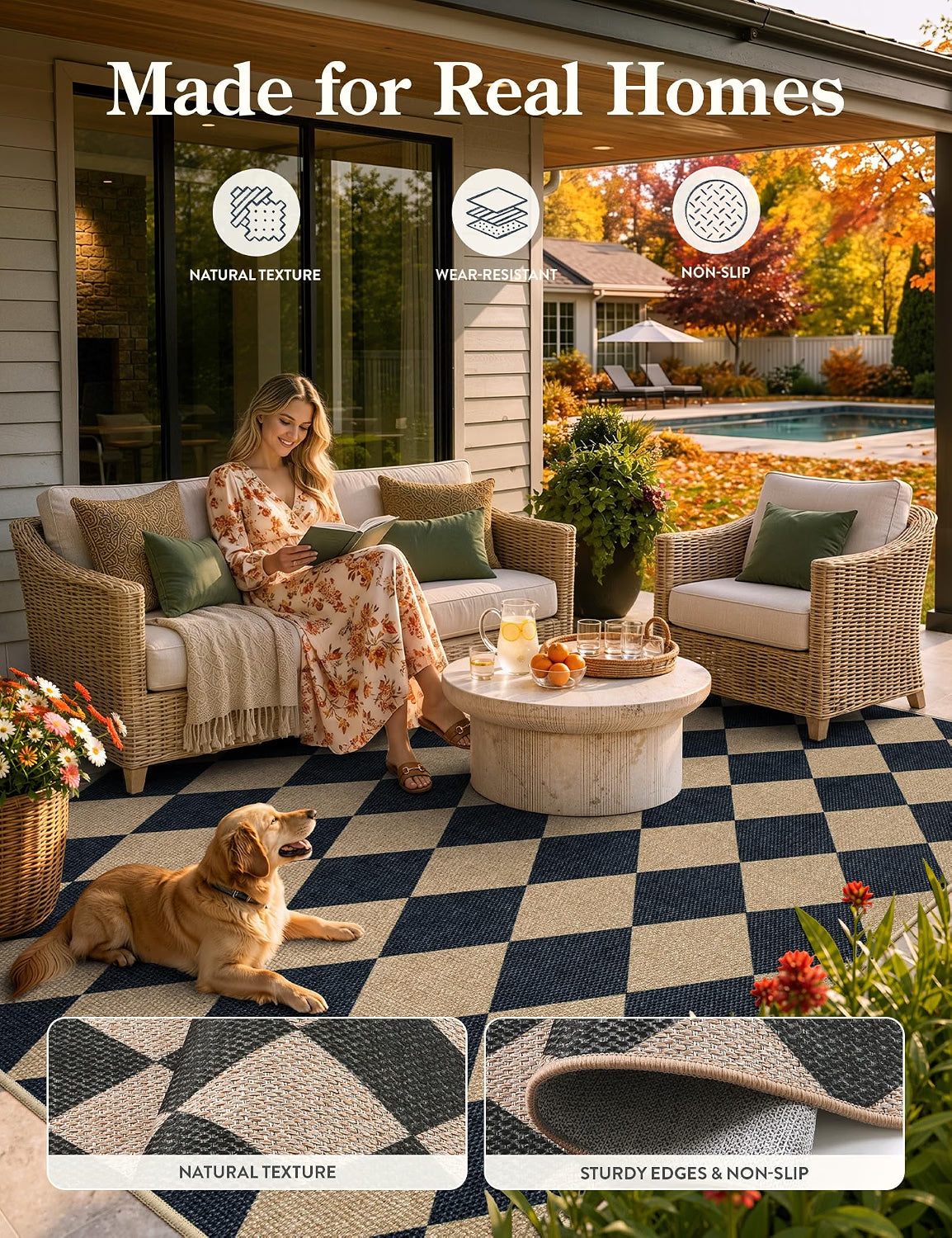 Lahome Checkered Easy Jute 5 x 7 Area Rug, Washable Indoor Outdoor Patio Rug, Low-Pile Non-Slip Geometric Diamond Carpet for Living Room, Dining Room, Backyard & Deck, Black/Charcoal