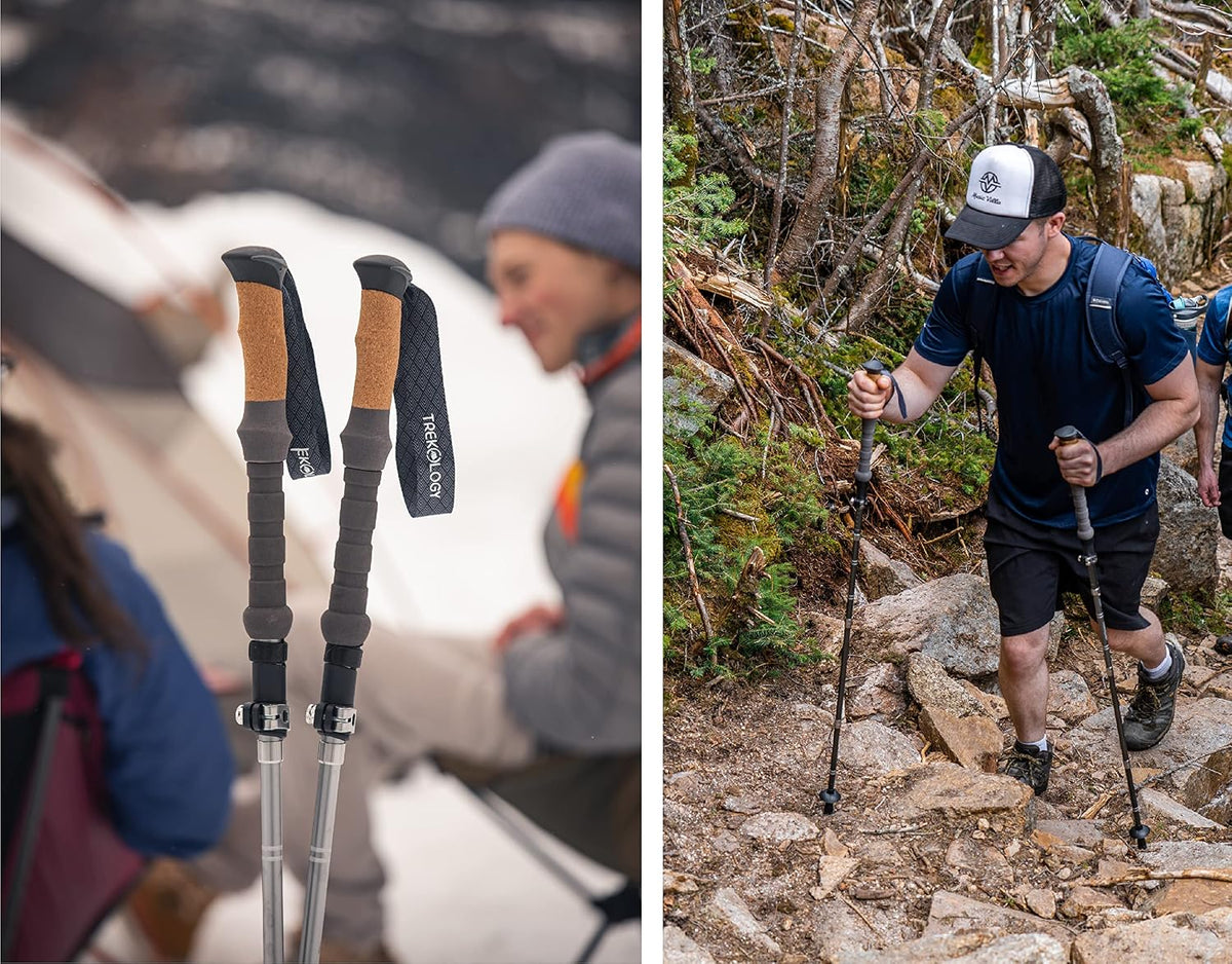 Trekology Trek-Z Cork Grip Collapsible Lightweight Hiking Trekking Poles Adjustable folding aluminum walking stick for men, women and seniors; foldable, retractable staff for travel and balance