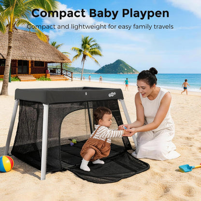 Pamo Babe Travel Pack and Play, Foldable Portable Playpen with Mattress, Infant Travel Crib, Grey