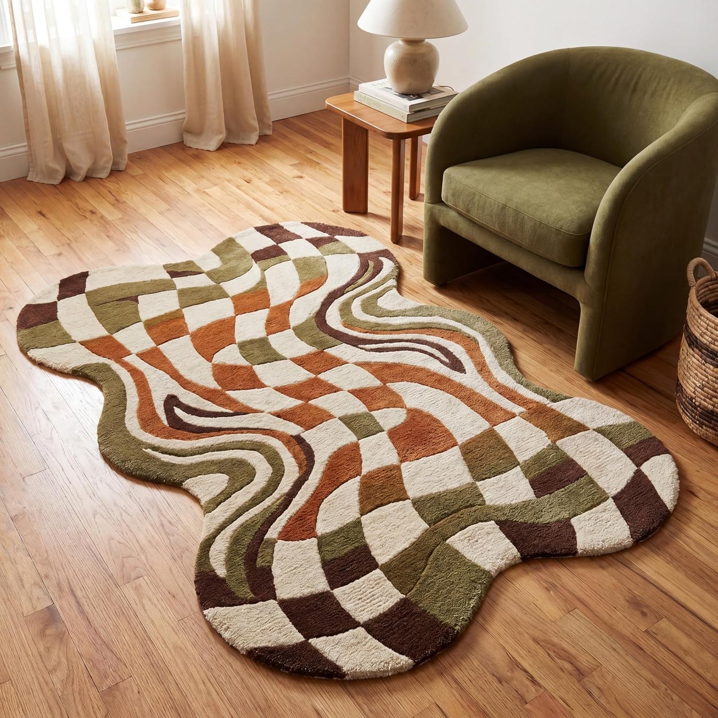 Warped Checkerboard Wool Rug, Hand-Tufted Retro Groovy Area Rug in Green, Rust & Cream, Irregular Shaped Wavy Checkered Carpet for Living Room & Bedroom, Boho Decor, 9x12 ft (274 x 365 cm)