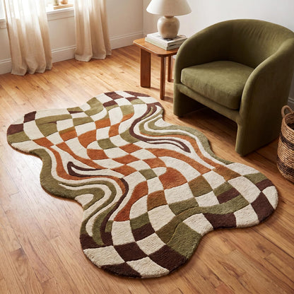 Warped Checkerboard Wool Rug, Hand-Tufted Retro Groovy Area Rug in Green, Rust & Cream, Irregular Shaped Wavy Checkered Carpet for Living Room & Bedroom, Boho Decor, 9x12 ft (274 x 365 cm)