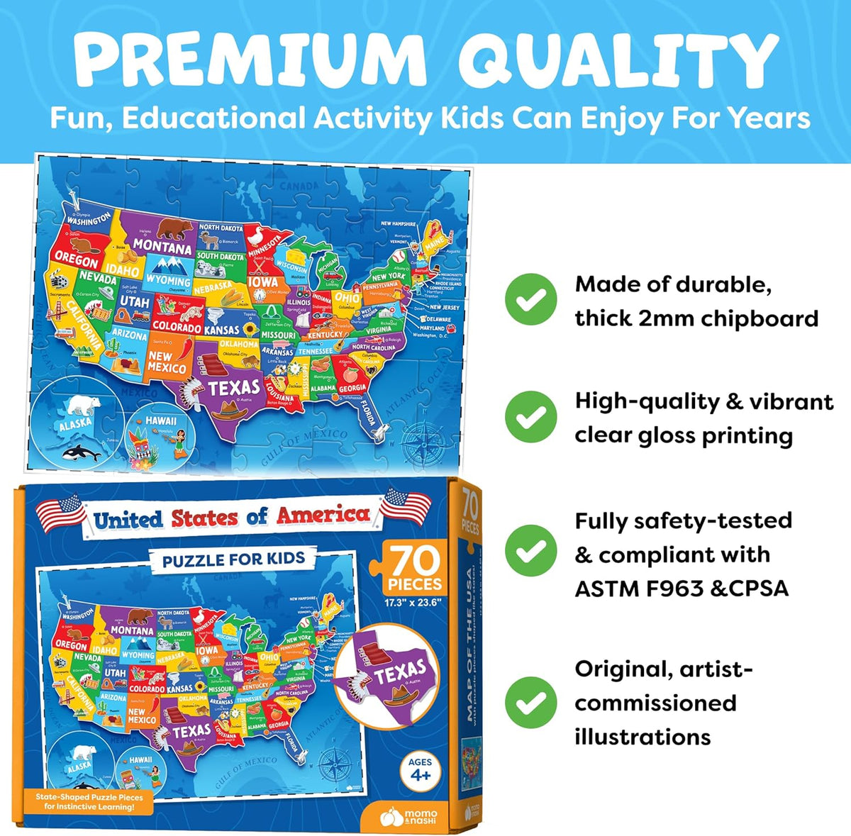 Momo & Nashi United States Map Puzzle for Kids, 70-Piece USA Map Floor Jigsaw with 50 States & Capitals, Educational Geography Puzzle for Boys & Girls Ages 3-8