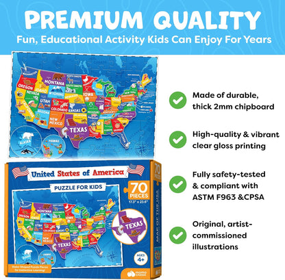 Momo & Nashi United States Map Puzzle for Kids, 70-Piece USA Map Floor Jigsaw with 50 States & Capitals, Educational Geography Puzzle for Boys & Girls Ages 3-8