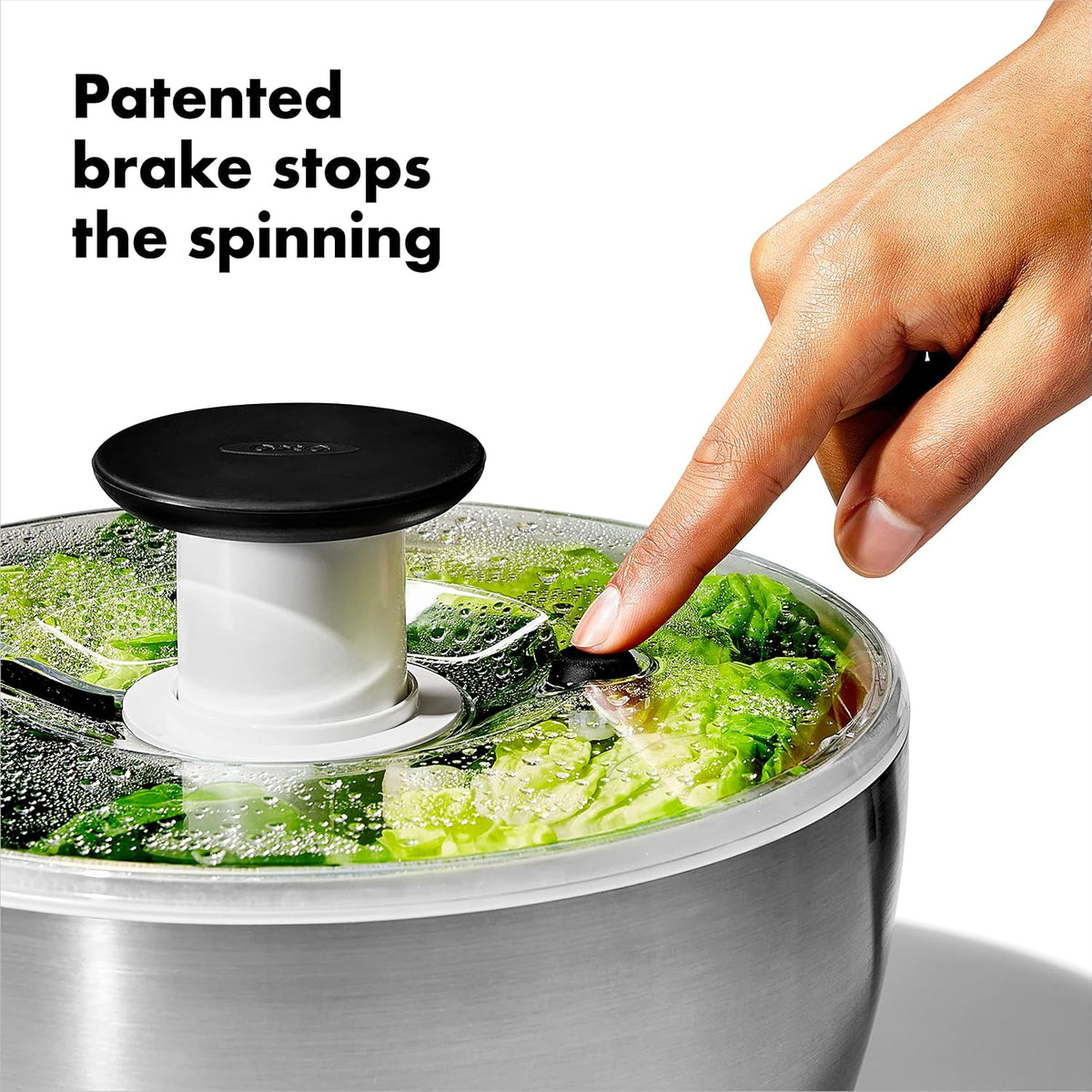 OXO Good Grips Stainless Steel Salad Spinner, Vegetable Washer - 6.22 Qt Spin Dry Produce, Serving and Storage, Non-Slip, One-Handed Pump, Brake Button, Dishwasher Safe, Large-Capacity Bowl