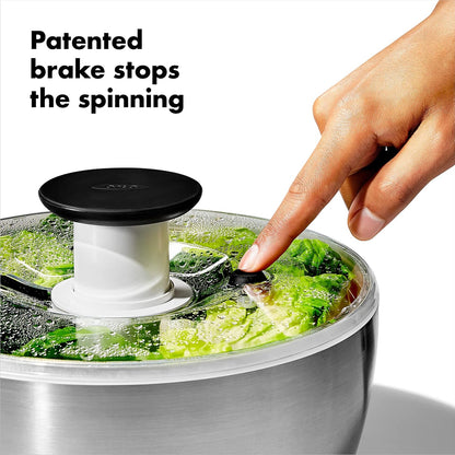 OXO Good Grips Stainless Steel Salad Spinner, Vegetable Washer - 6.22 Qt Spin Dry Produce, Serving and Storage, Non-Slip, One-Handed Pump, Brake Button, Dishwasher Safe, Large-Capacity Bowl