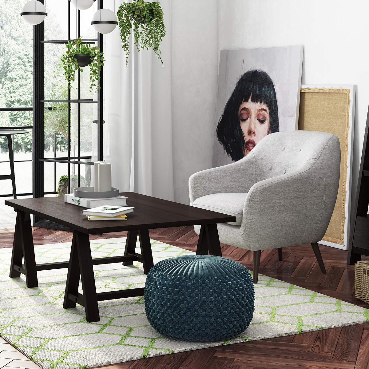 SIMPLIHOME Renee 20" Wide Round Pouf in Teal Velvet