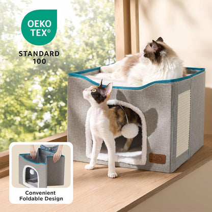 Bedsure Cat House Bed for Indoor Cats, Enclosed Two-Level Cat Cave with Fluffy Hanging Ball and Sisal Scratch Pad, Washable Grey