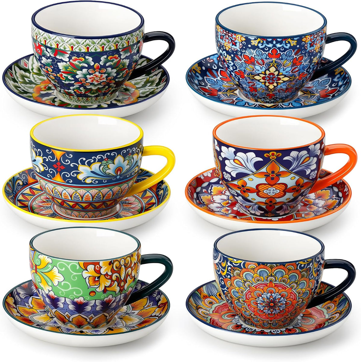 vancasso 8 Oz Cappuccino Cups, Porcelain Tea Cups and Saucers Set of 6 Bohemian Cappuccino Mugs,Perfect for Latte, Tea and Espresso, Microwave and Dishwasher Safe,Lead-Free and Non-Toxic