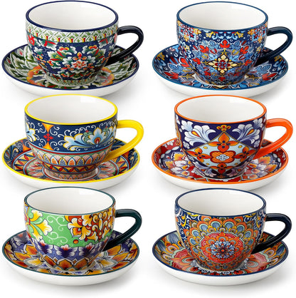 vancasso 8 Oz Cappuccino Cups, Porcelain Tea Cups and Saucers Set of 6 Bohemian Cappuccino Mugs,Perfect for Latte, Tea and Espresso, Microwave and Dishwasher Safe,Lead-Free and Non-Toxic