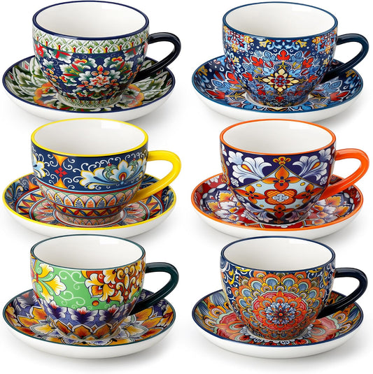 vancasso 8 Oz Cappuccino Cups, Porcelain Tea Cups and Saucers Set of 6 Bohemian Cappuccino Mugs,Perfect for Latte, Tea and Espresso, Microwave and Dishwasher Safe,Lead-Free and Non-Toxic