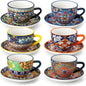 vancasso 8 Oz Cappuccino Cups, Porcelain Tea Cups and Saucers Set of 6 Bohemian Cappuccino Mugs,Perfect for Latte, Tea and Espresso, Microwave and Dishwasher Safe,Lead-Free and Non-Toxic