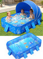 Foldable Kiddie Pool with Canopy 53" x 40" x 33", Portable Toddler Swimming Pool with Removable UPF 50+ Sunshade, Rectangular Kids Pool with Marine Design, Backyard Outdoor Water Play Pool, Blue