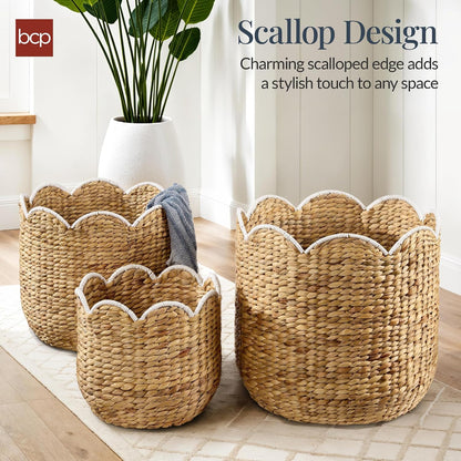Best Choice Products 3pc Water Hyacinth Scalloped Multipurpose Nesting Baskets, Storage Bin Organization Totes for Living Room, Bedroom, Nursery, Laundry Room - Natural w/White Trim